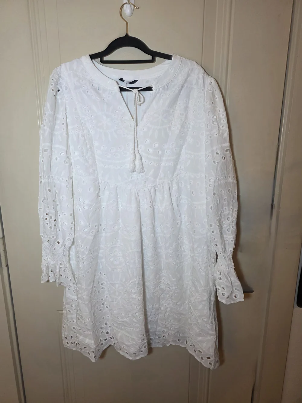 White Eyelet Smocked Mini Dress with Tassel Tie - Picture 11 of 11